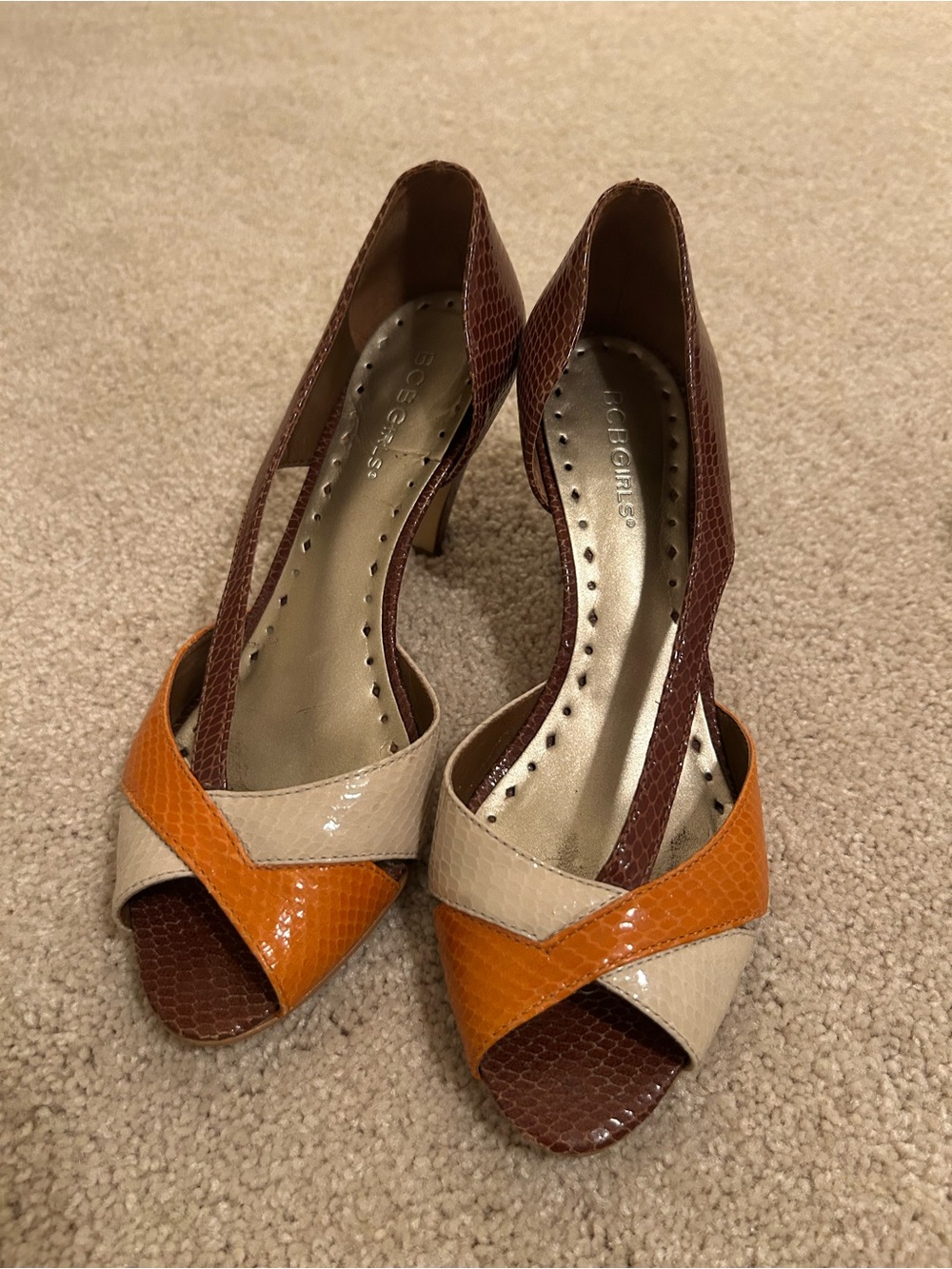 BCBGirls Brown, Orange & Cream Snake-Embossed Peep-Toe Heels